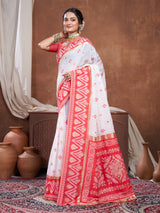 Red & White Chanderi Cotton Saree For Durga Puja