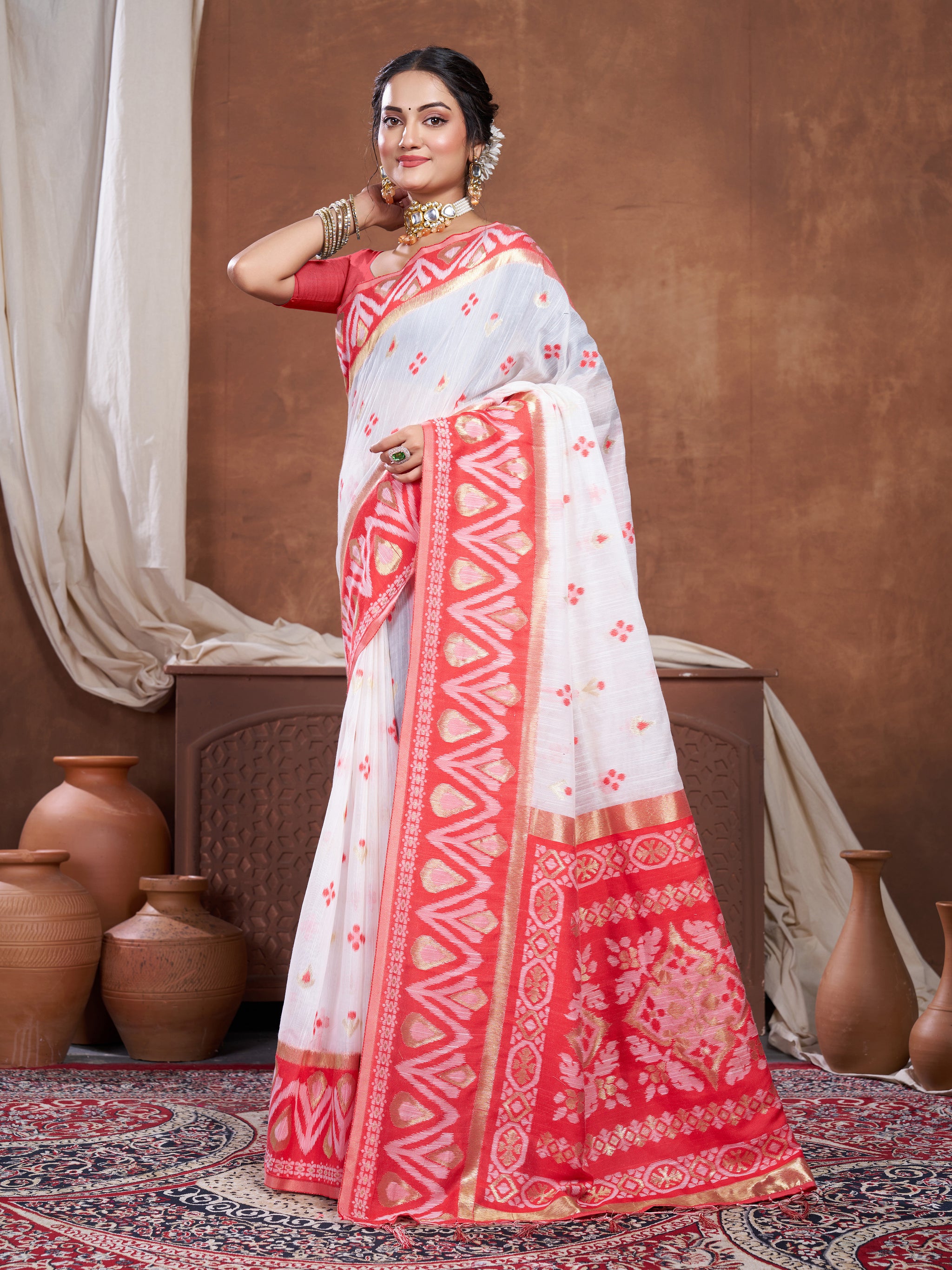 Red & White Chanderi Cotton Saree For Durga Puja