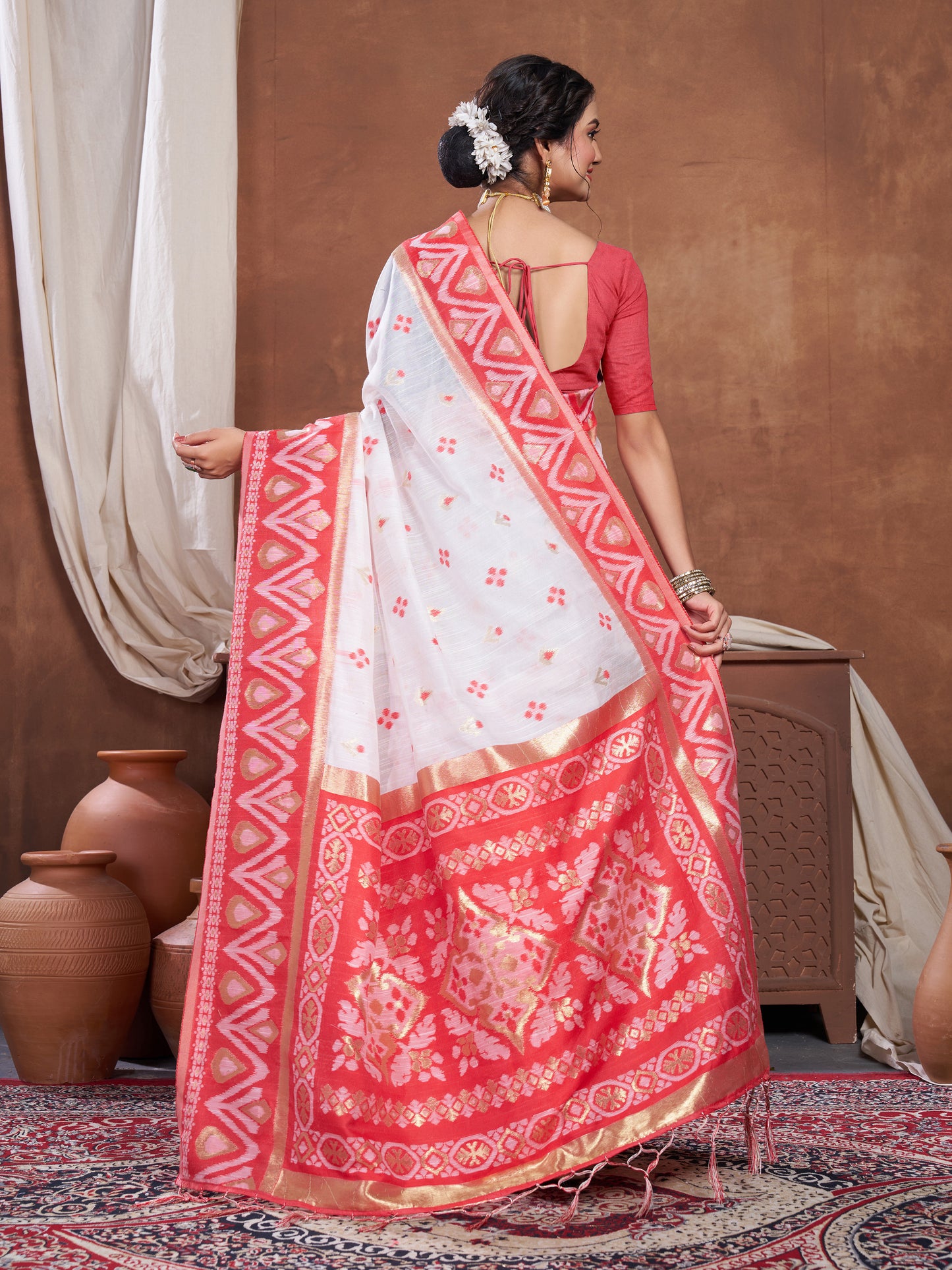 Red & White Chanderi Cotton Saree For Durga Puja
