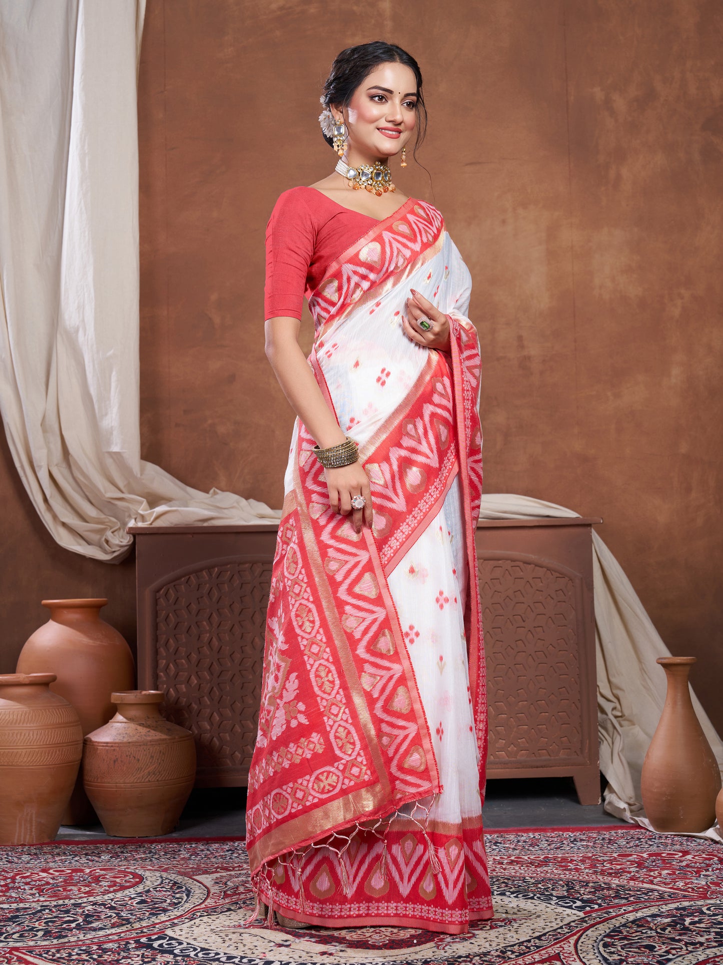 Red & White Chanderi Cotton Saree For Durga Puja