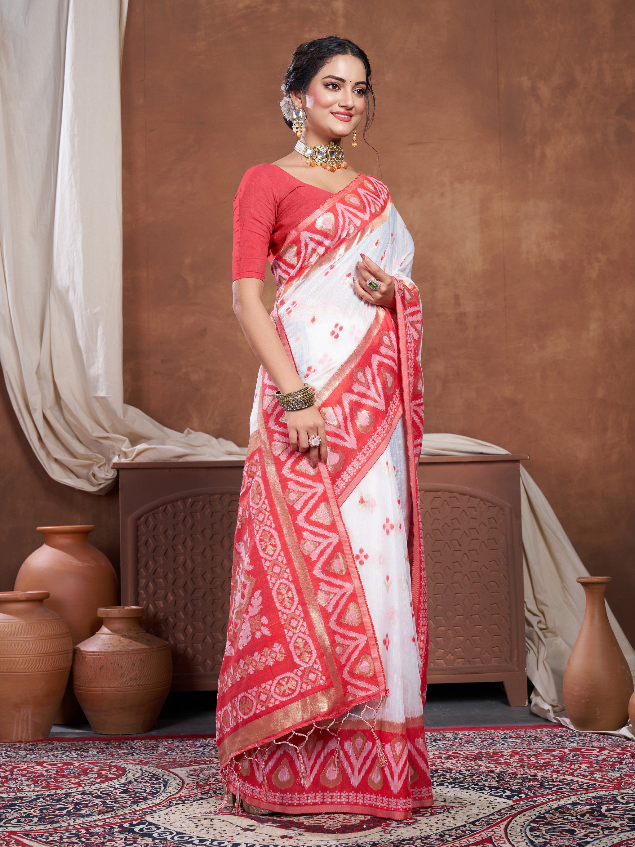 Red & White Chanderi Cotton Saree For Durga Puja