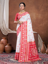 Red & White Chanderi Cotton Saree For Durga Puja