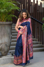 Load image into Gallery viewer, Jodha Navy Blue Jamewar Kashmiri Soft Modal Silk Saree
