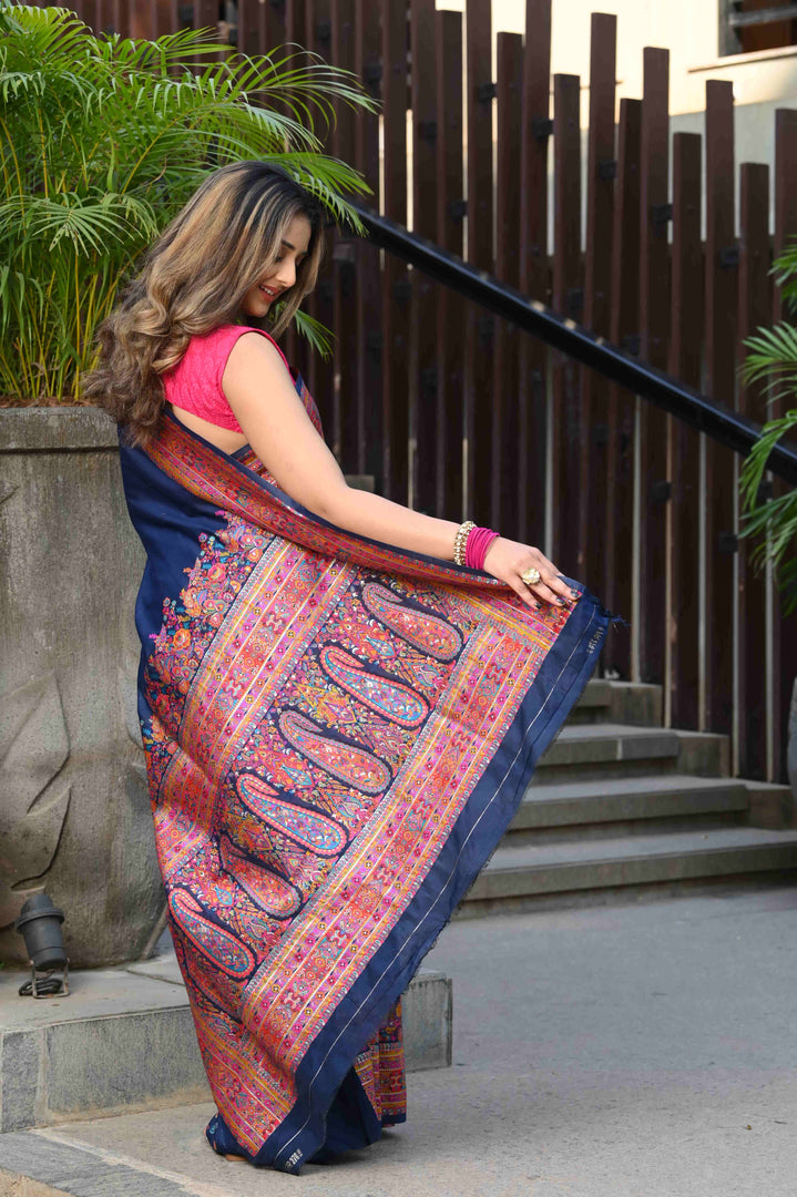 Jodha Navy Blue Jamewar Kashmiri Soft Modal Silk Saree