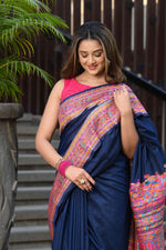Load image into Gallery viewer, Jodha Navy Blue Jamewar Kashmiri Soft Modal Silk Saree
