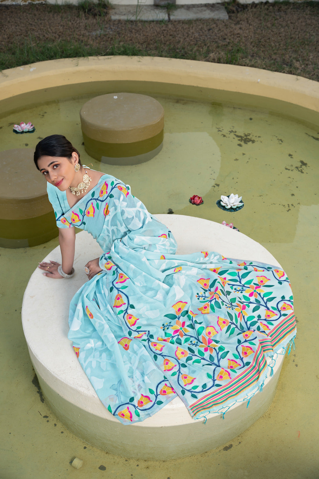 Kaashi Sky Blue Cotton Jamdani Saree
