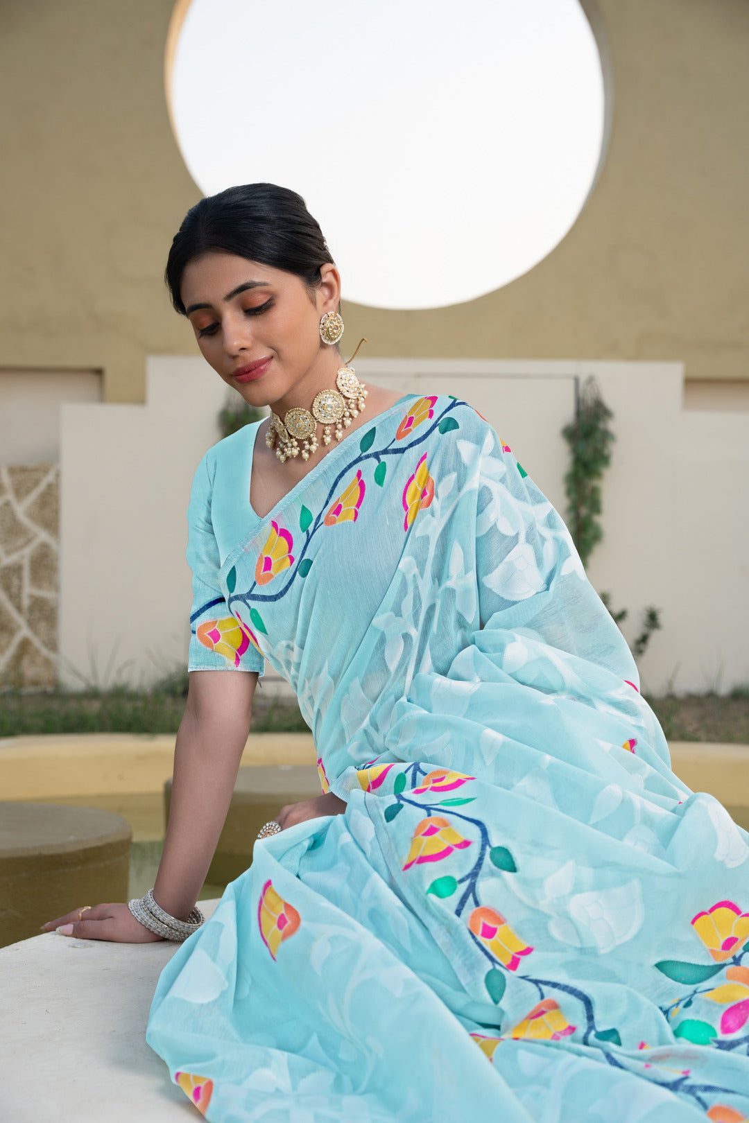 Kaashi Sky Blue Cotton Jamdani Saree
