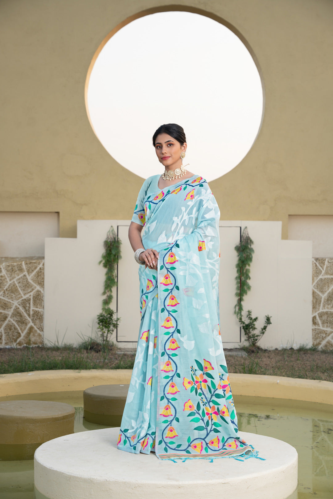 Kaashi Sky Blue Cotton Jamdani Saree