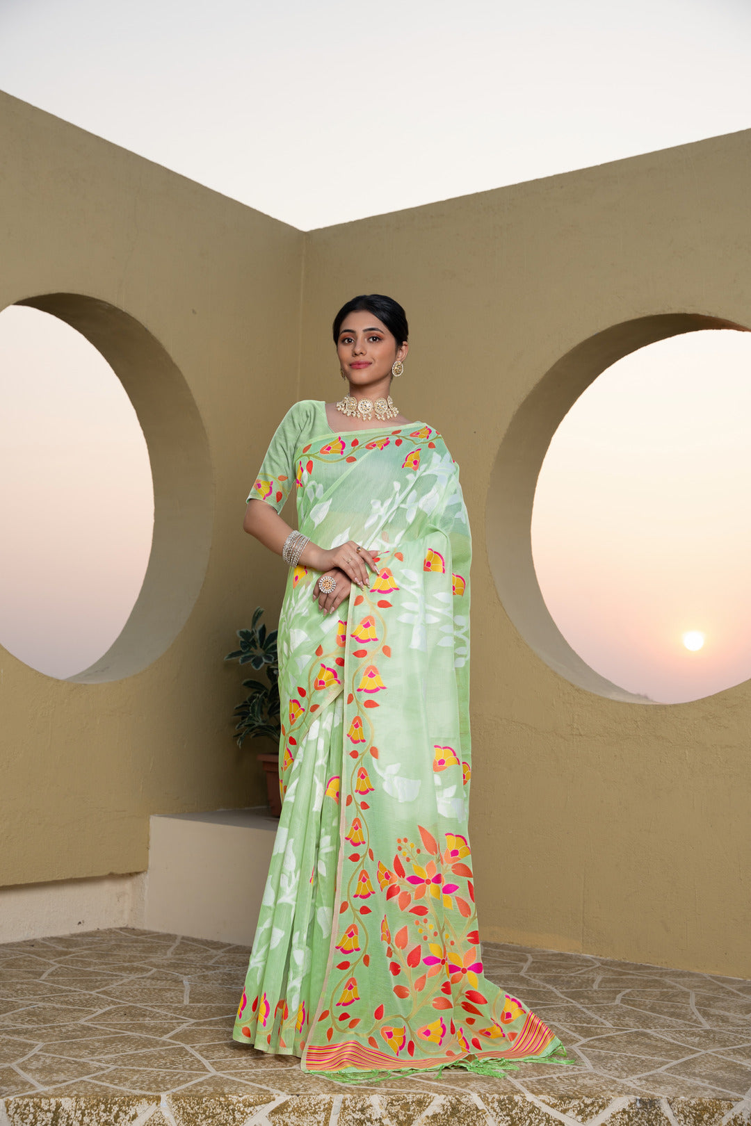 Kaashi Green Cotton Jamdani Saree