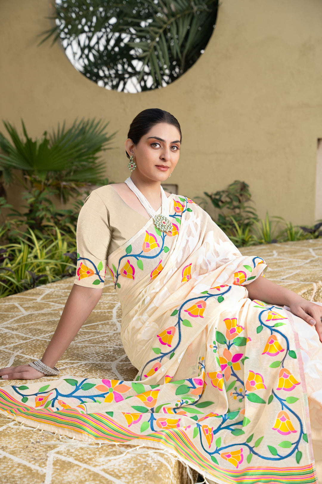 Kaashi Off-White Cotton Jamdani Saree