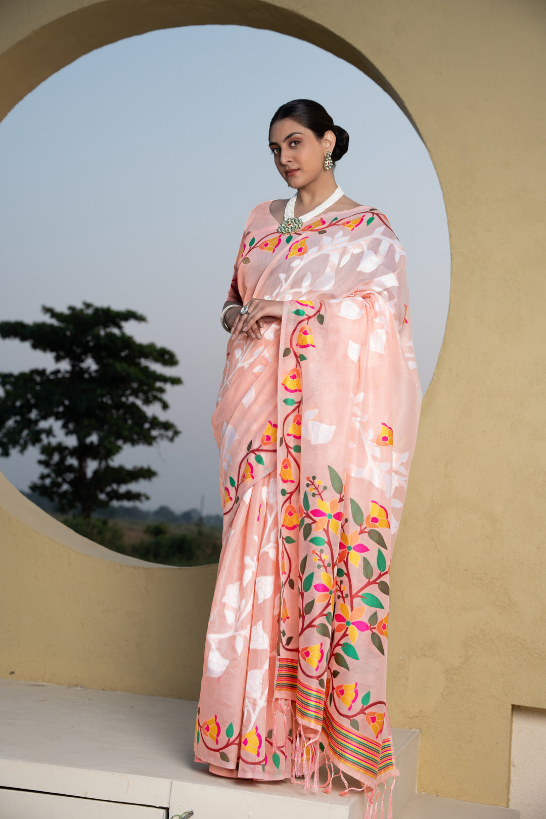 Kaashi Peach Cotton Jamdani Saree