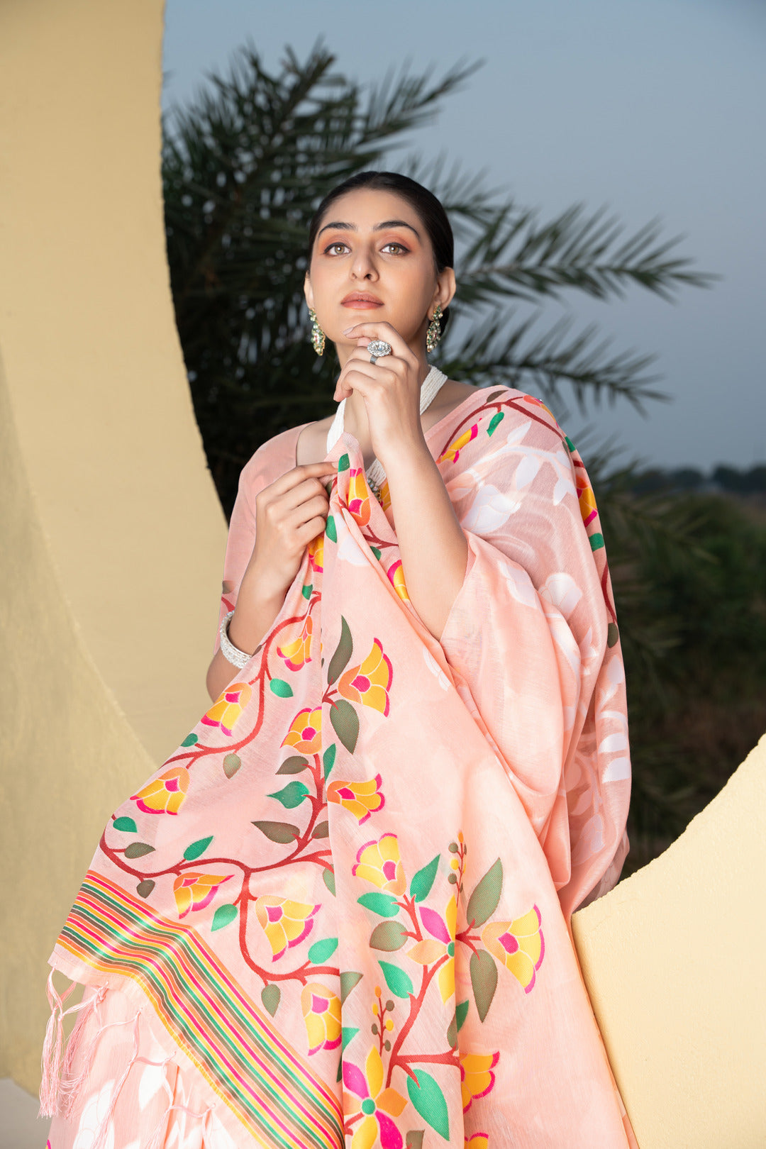 Kaashi Peach Cotton Jamdani Saree