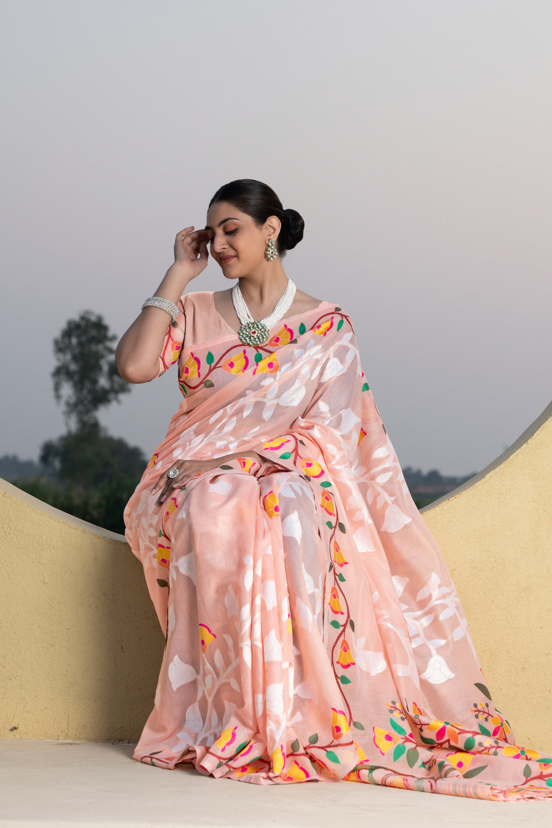 Kaashi Peach Cotton Jamdani Saree