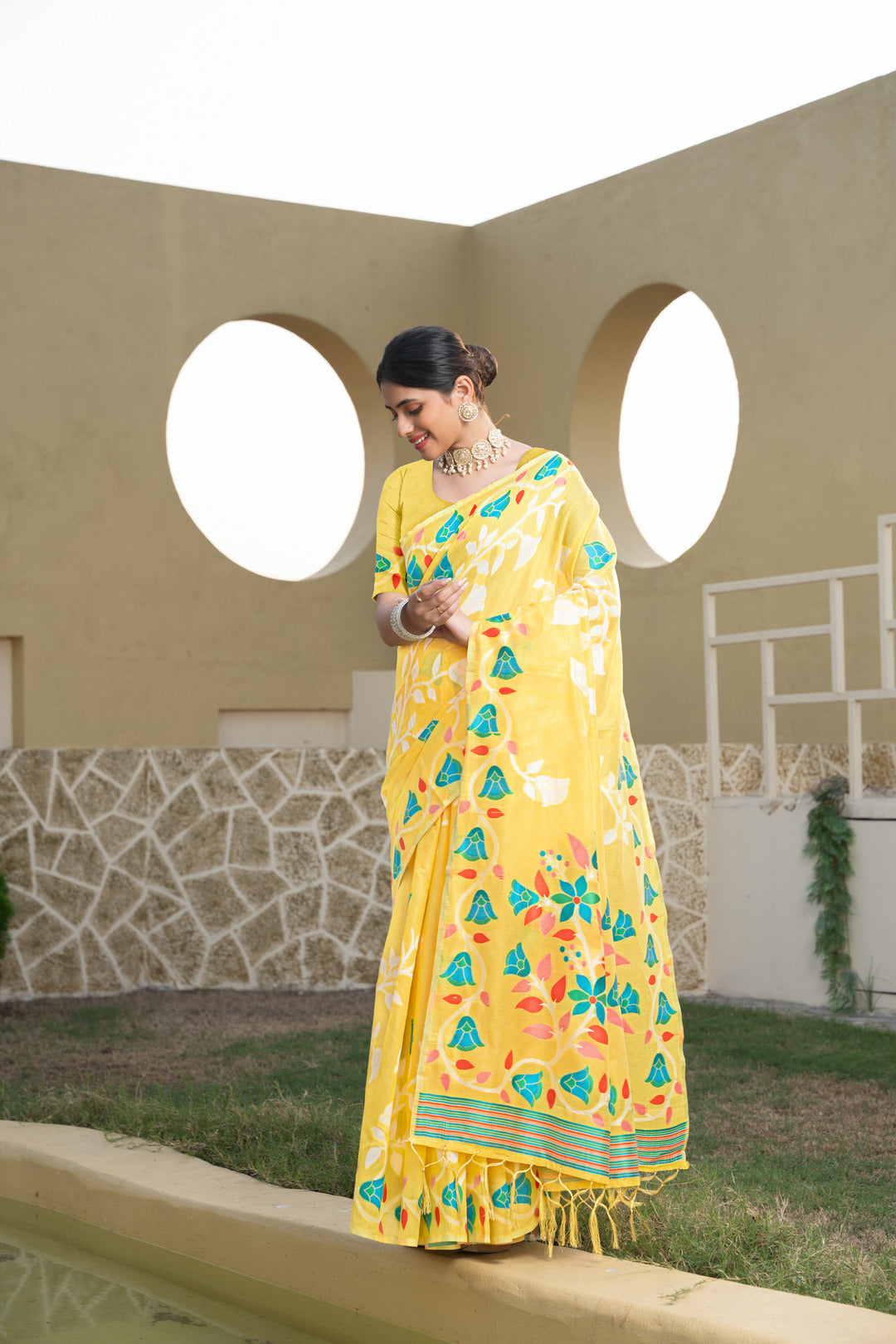 Kaashi Yellow Cotton Jamdani Saree