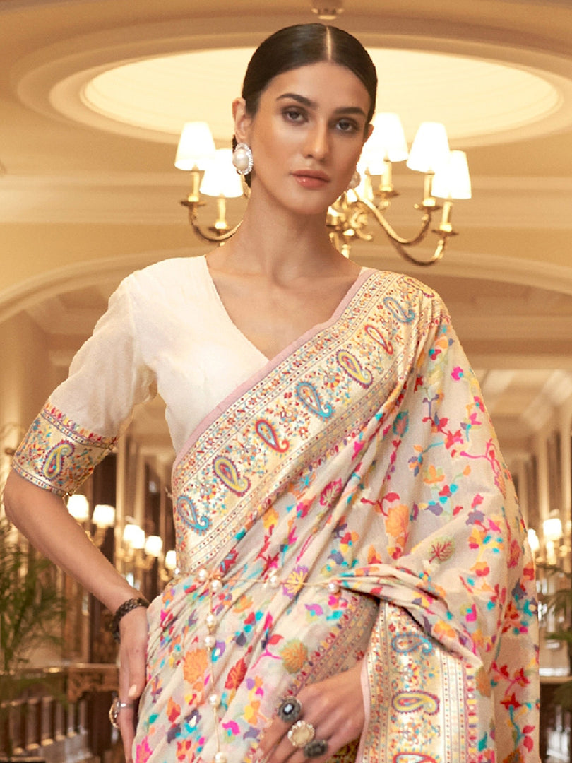 Kalista Peony White Woven Jamewar Kashmiri Banarasi Saree