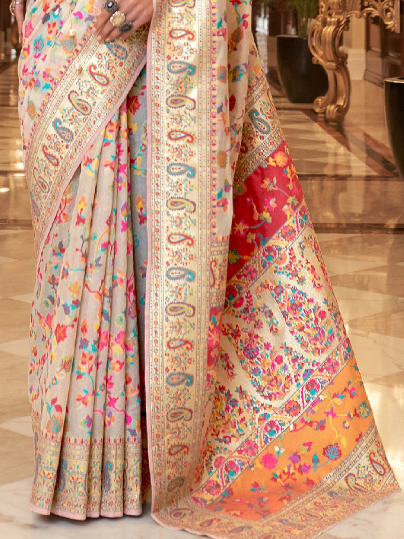 Kalista Peony White Woven Jamewar Kashmiri Banarasi Saree