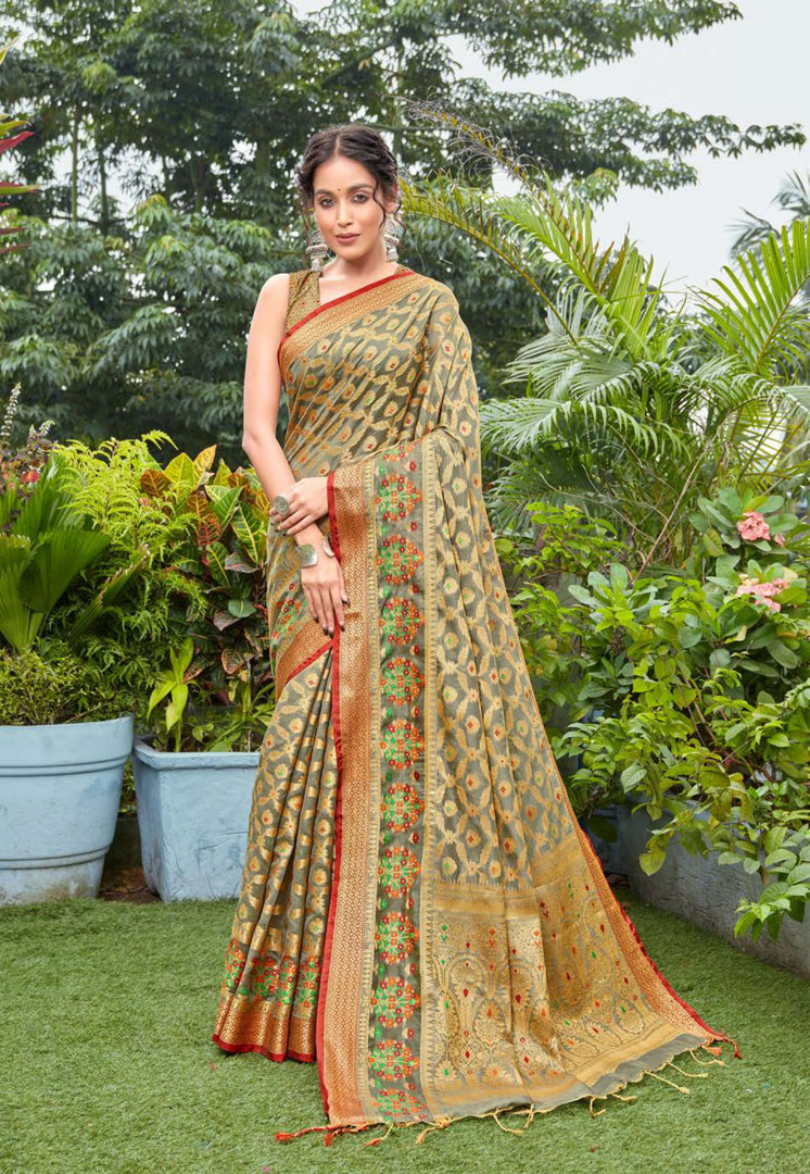 Kanishka Flint Grey Zari Woven Design Banarasi Organza Saree