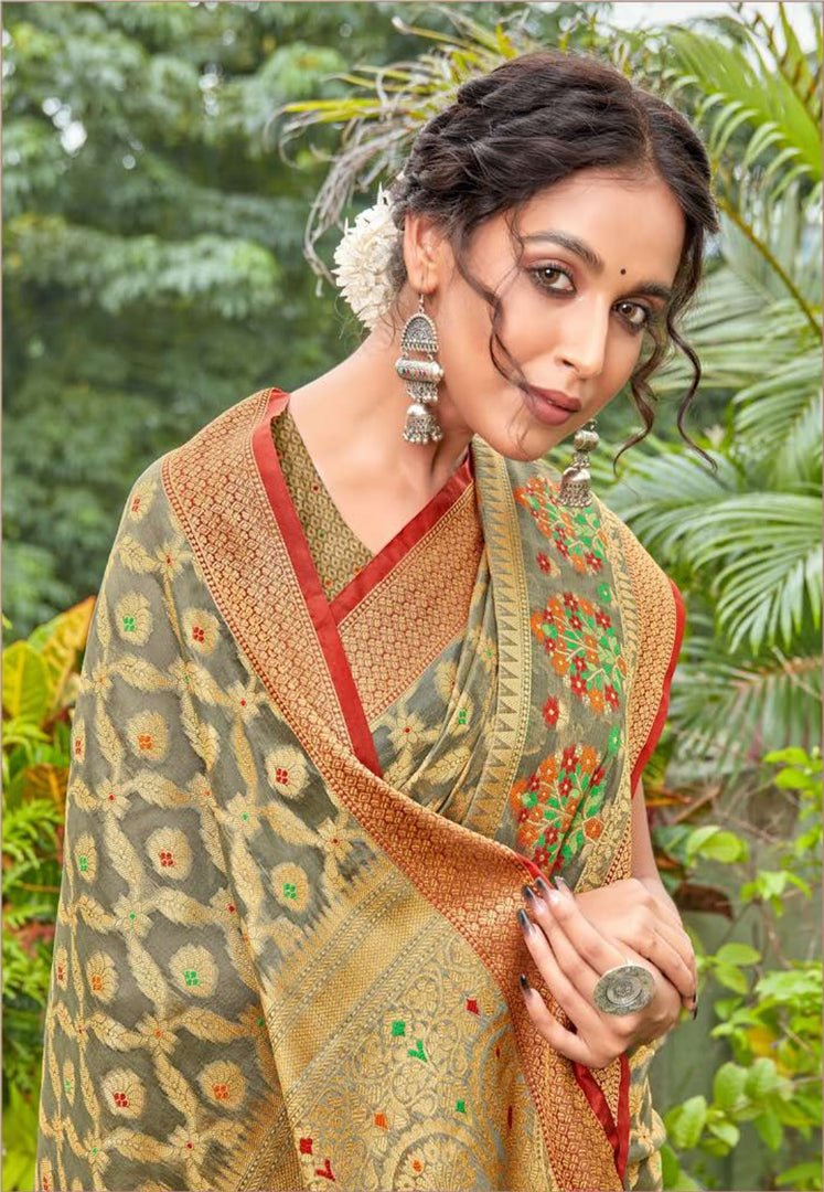 Kanishka Flint Grey Zari Woven Design Banarasi Organza Saree