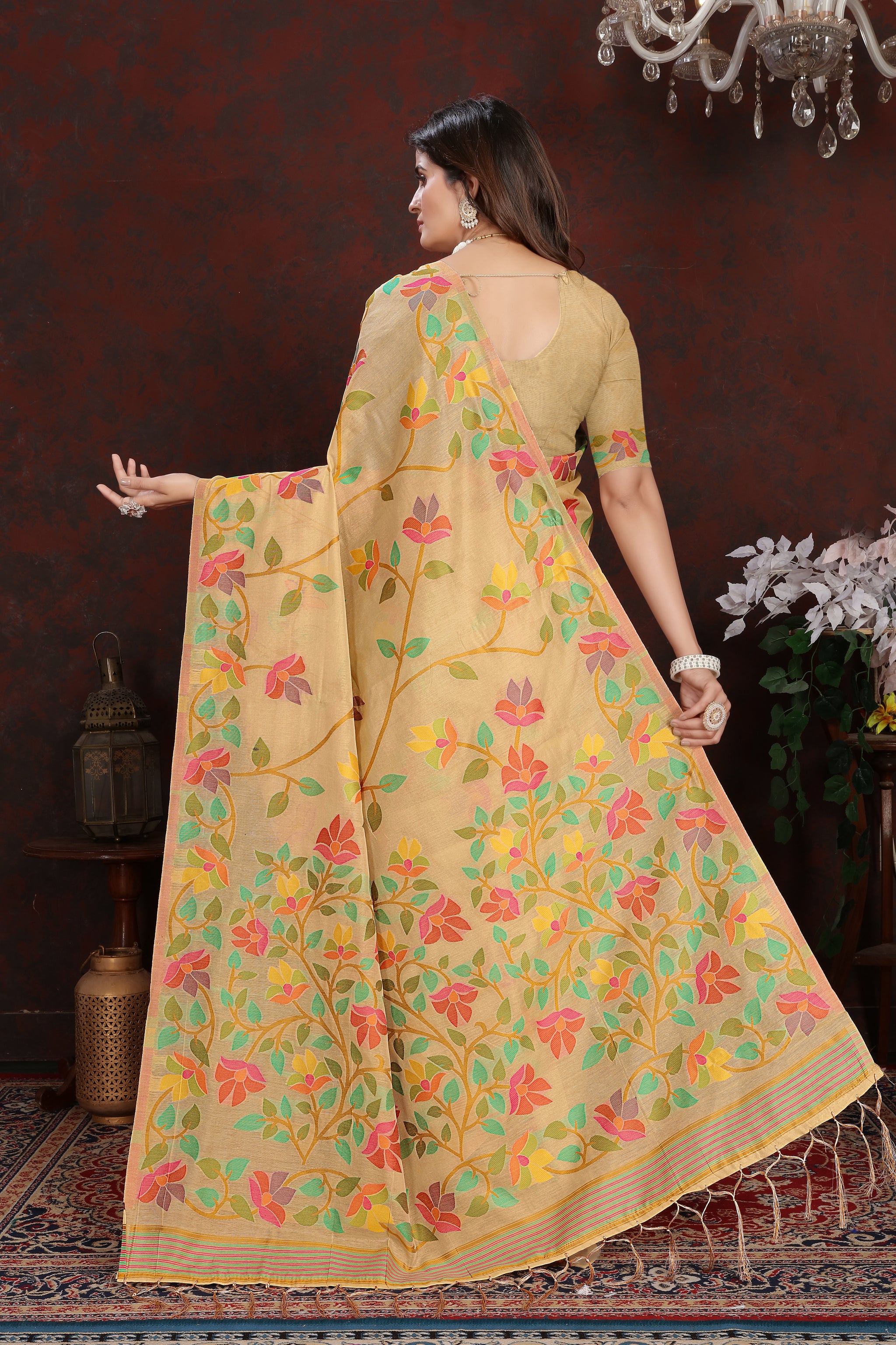 Karvaah Beige Cotton Jamdani Saree