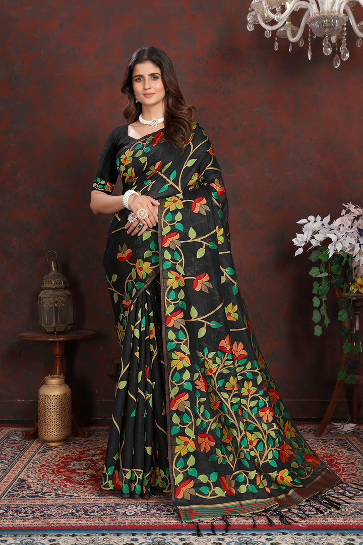 Karvaah Impression Black Cotton Jamdani Saree