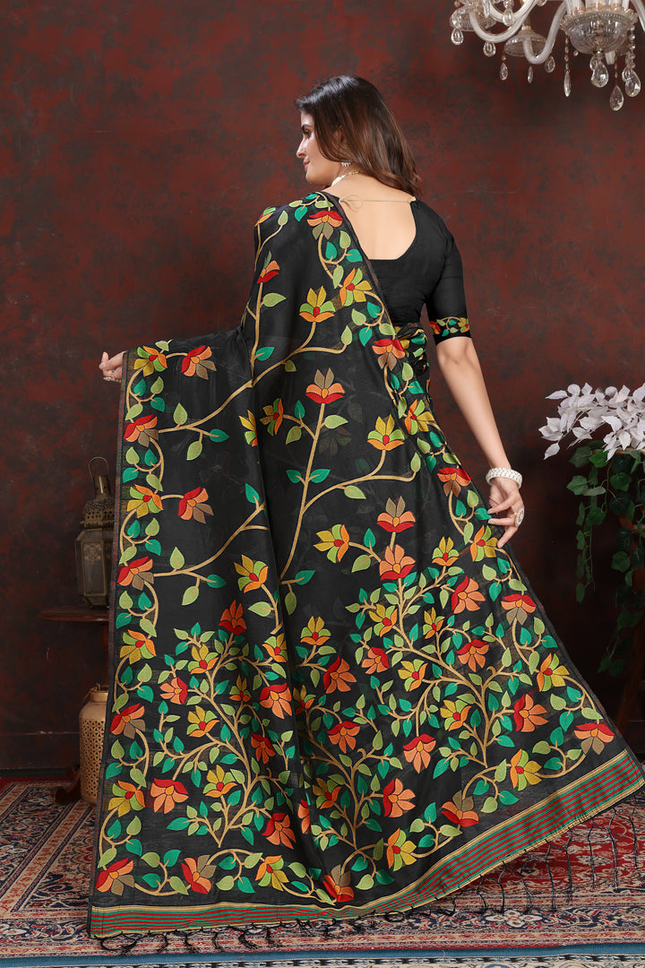 Karvaah Impression Black Cotton Jamdani Saree