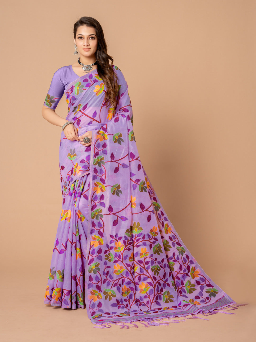 Karvaah Iris Purple Cotton Jamdani Saree