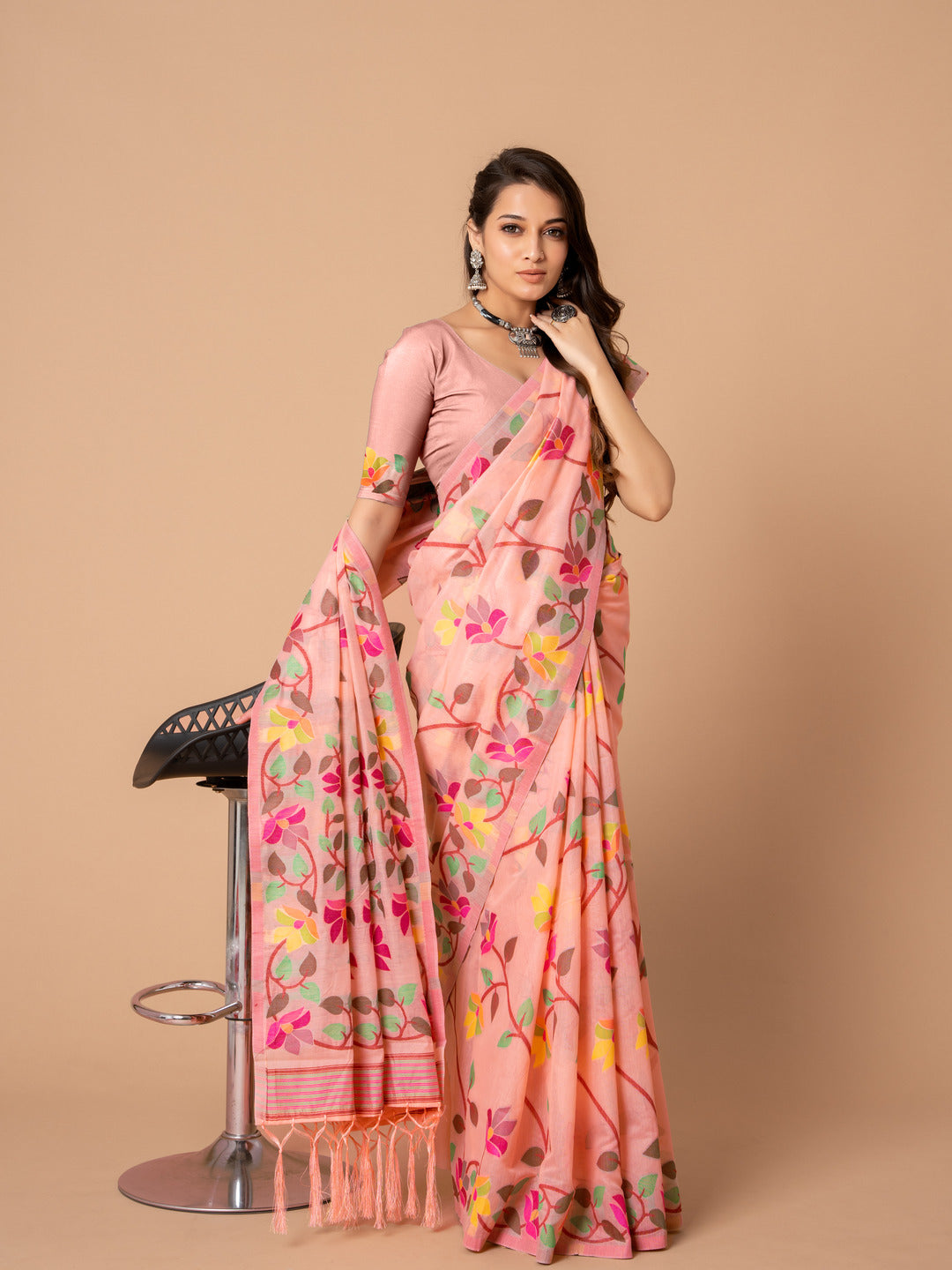Karvaah Rose Pink Cotton Jamdani Saree
