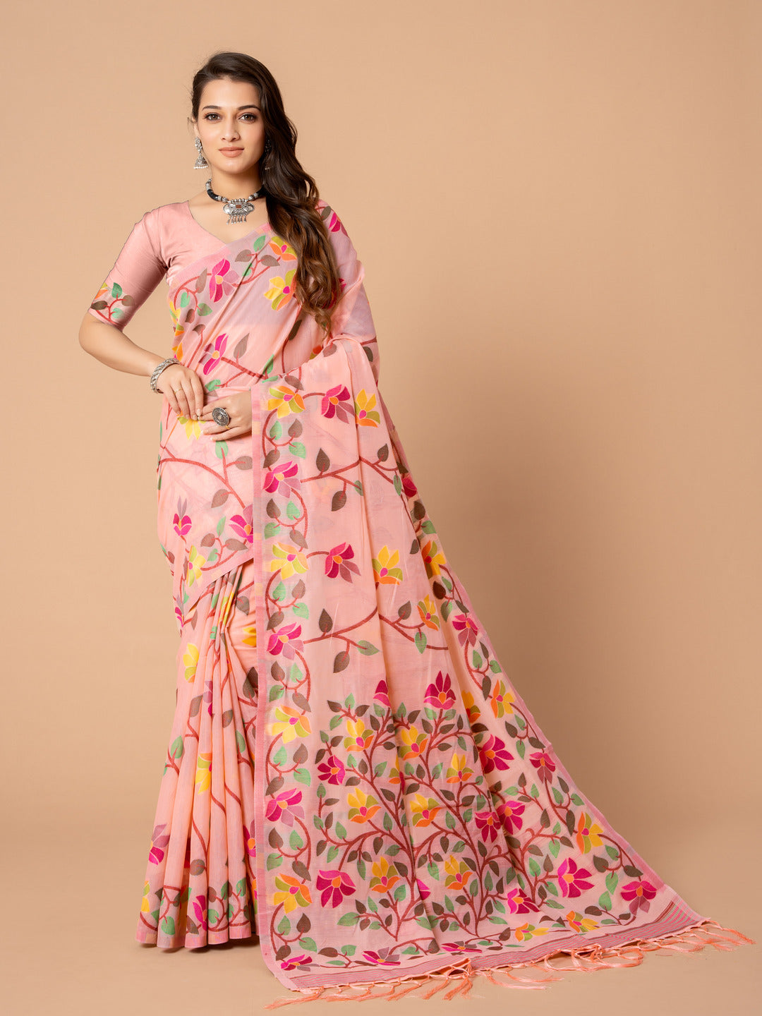 Karvaah Rose Pink Cotton Jamdani Saree