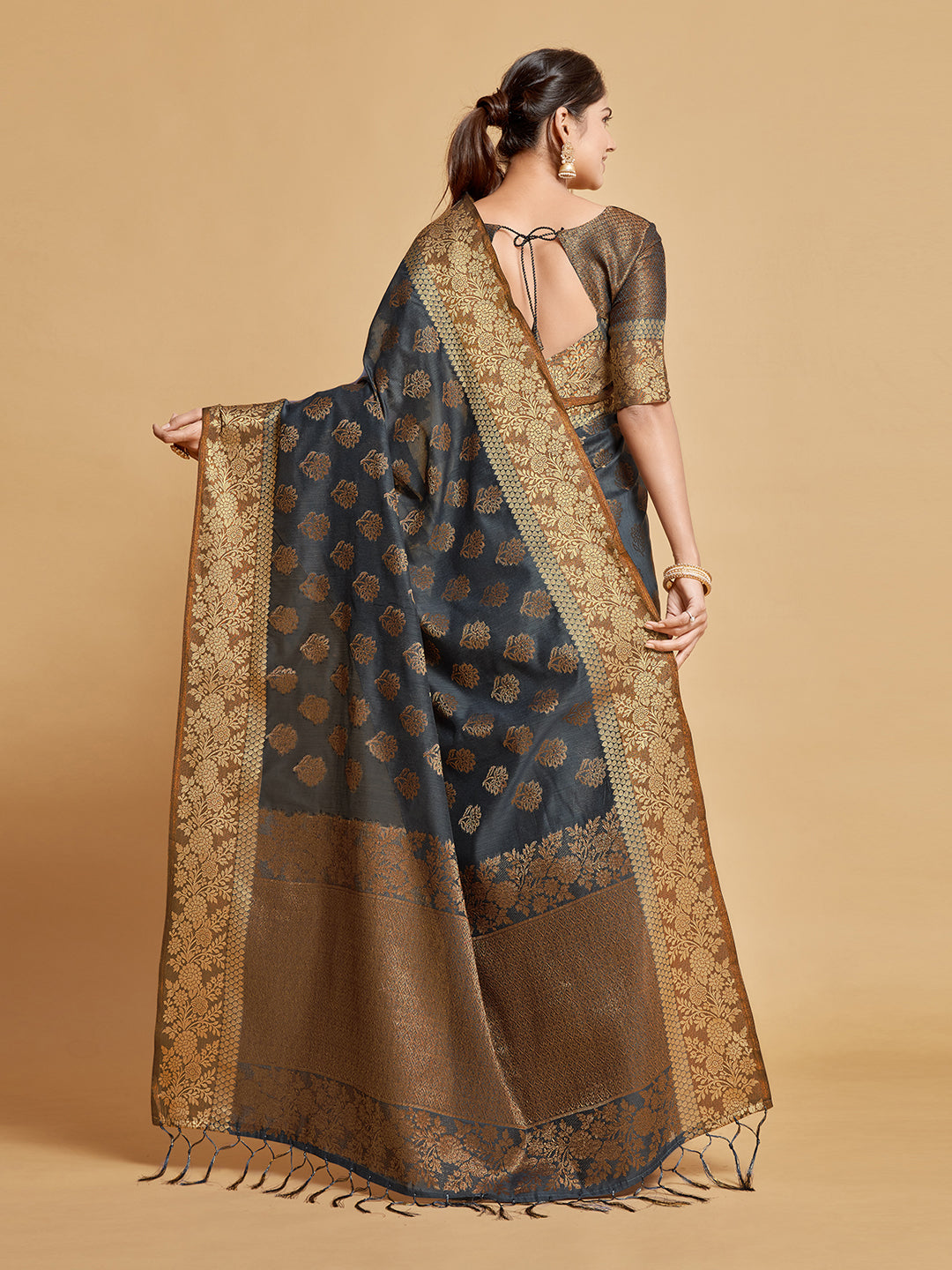 Kashvi Mouse Grey Zari Woven Design Chanderi Cotton Saree