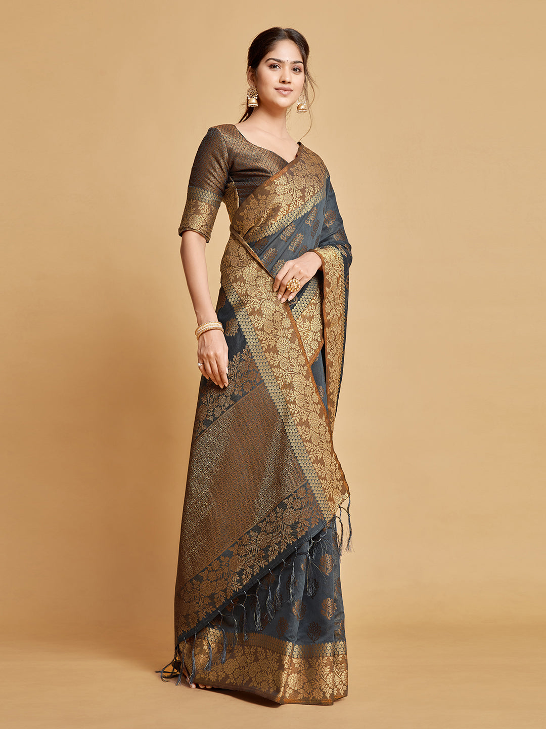 Kashvi Mouse Grey Zari Woven Design Chanderi Cotton Saree