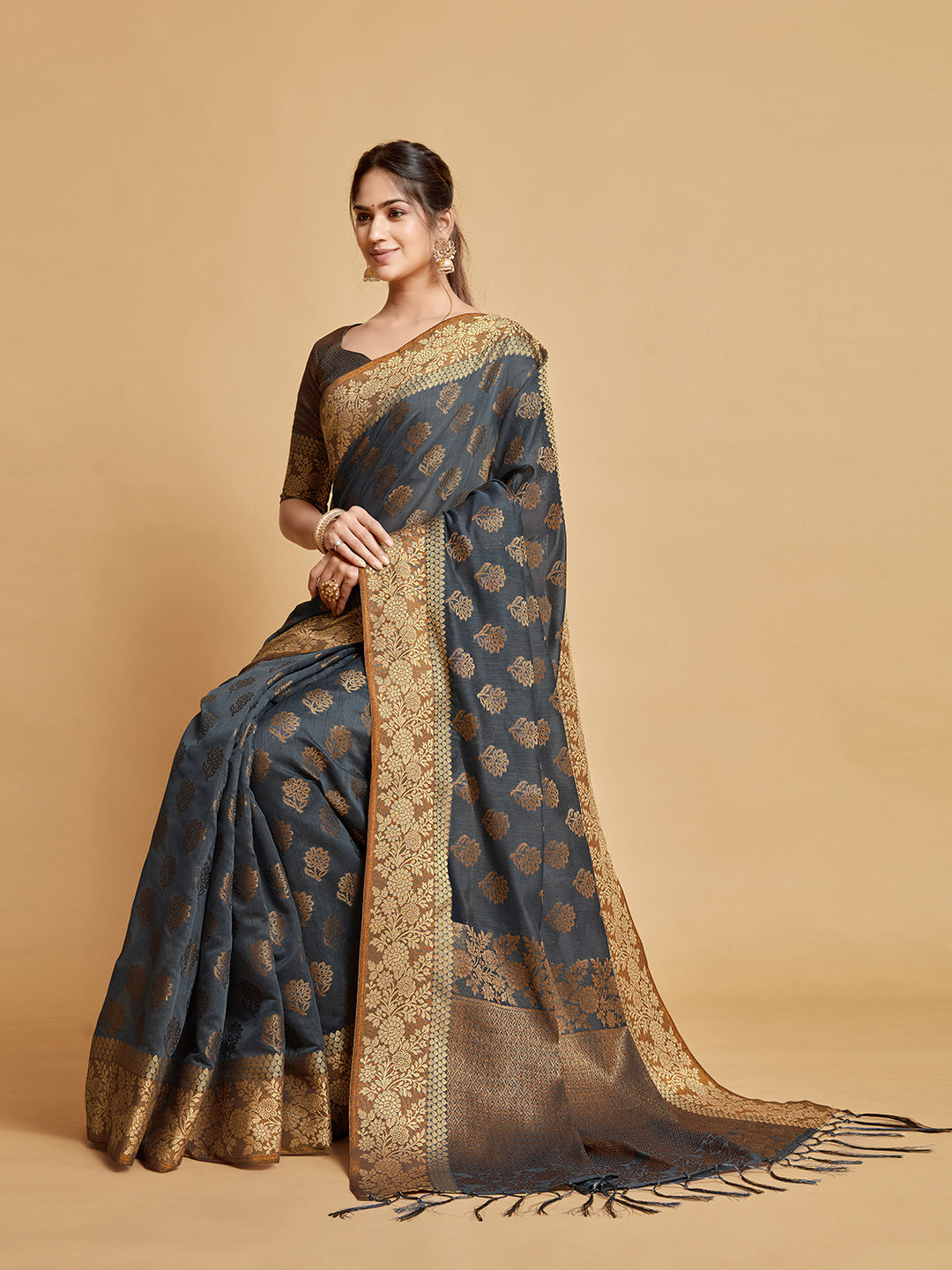 Kashvi Mouse Grey Zari Woven Design Chanderi Cotton Saree