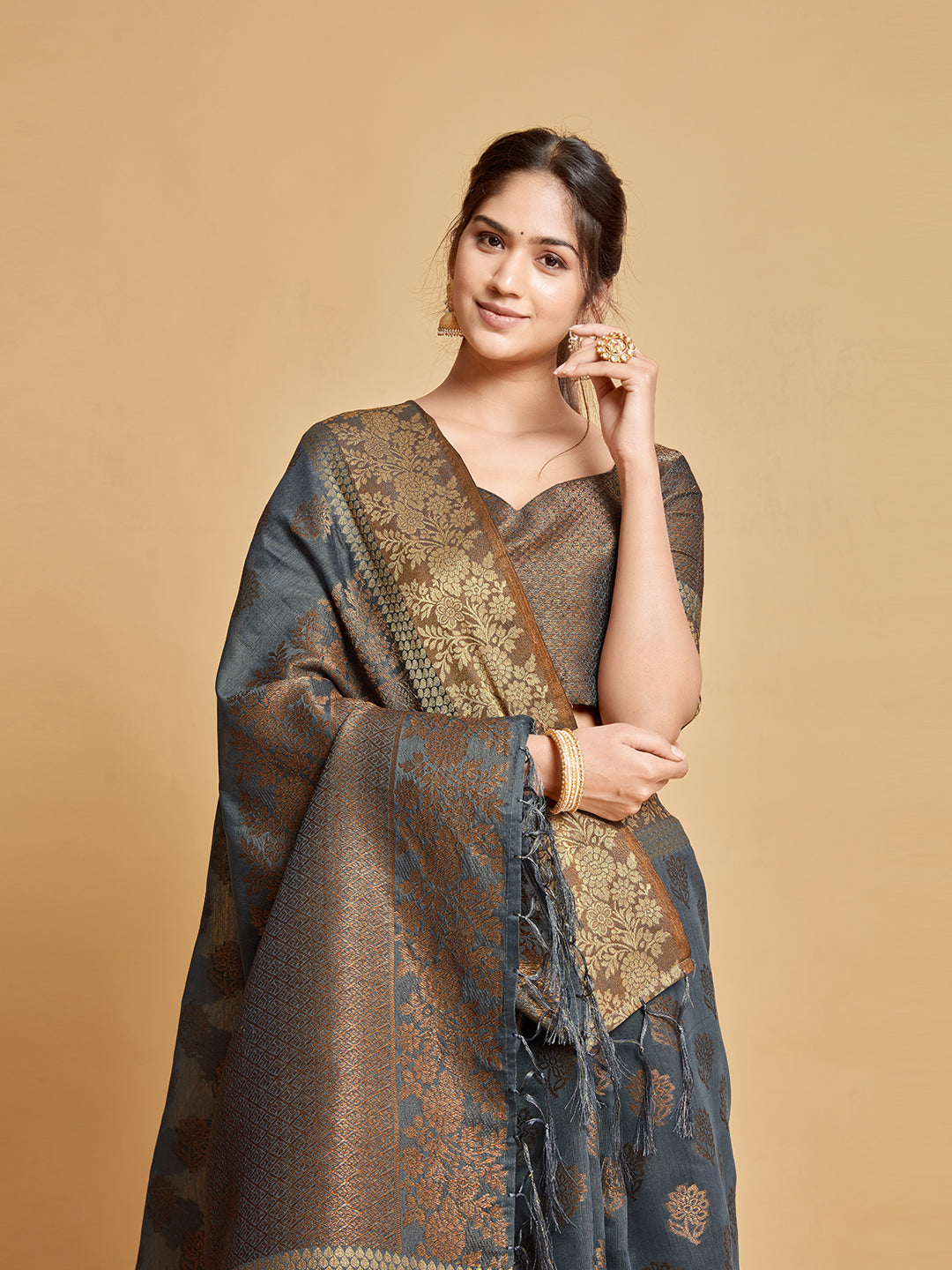Kashvi Mouse Grey Zari Woven Design Chanderi Cotton Saree