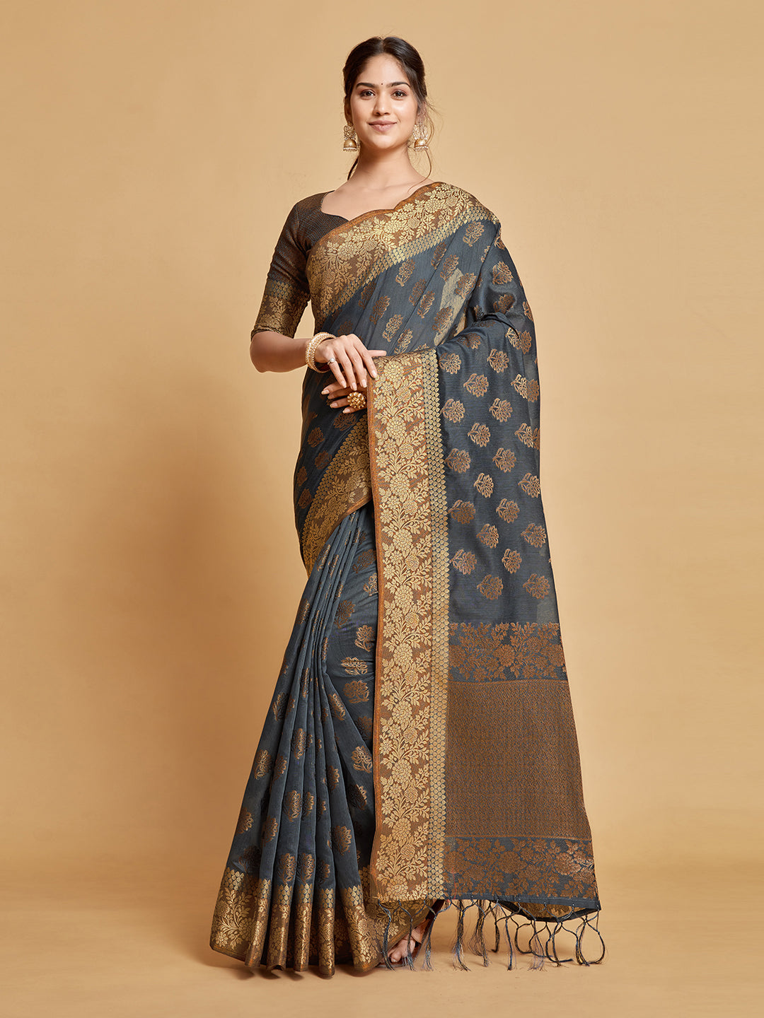 Kashvi Mouse Grey Zari Woven Design Chanderi Cotton Saree