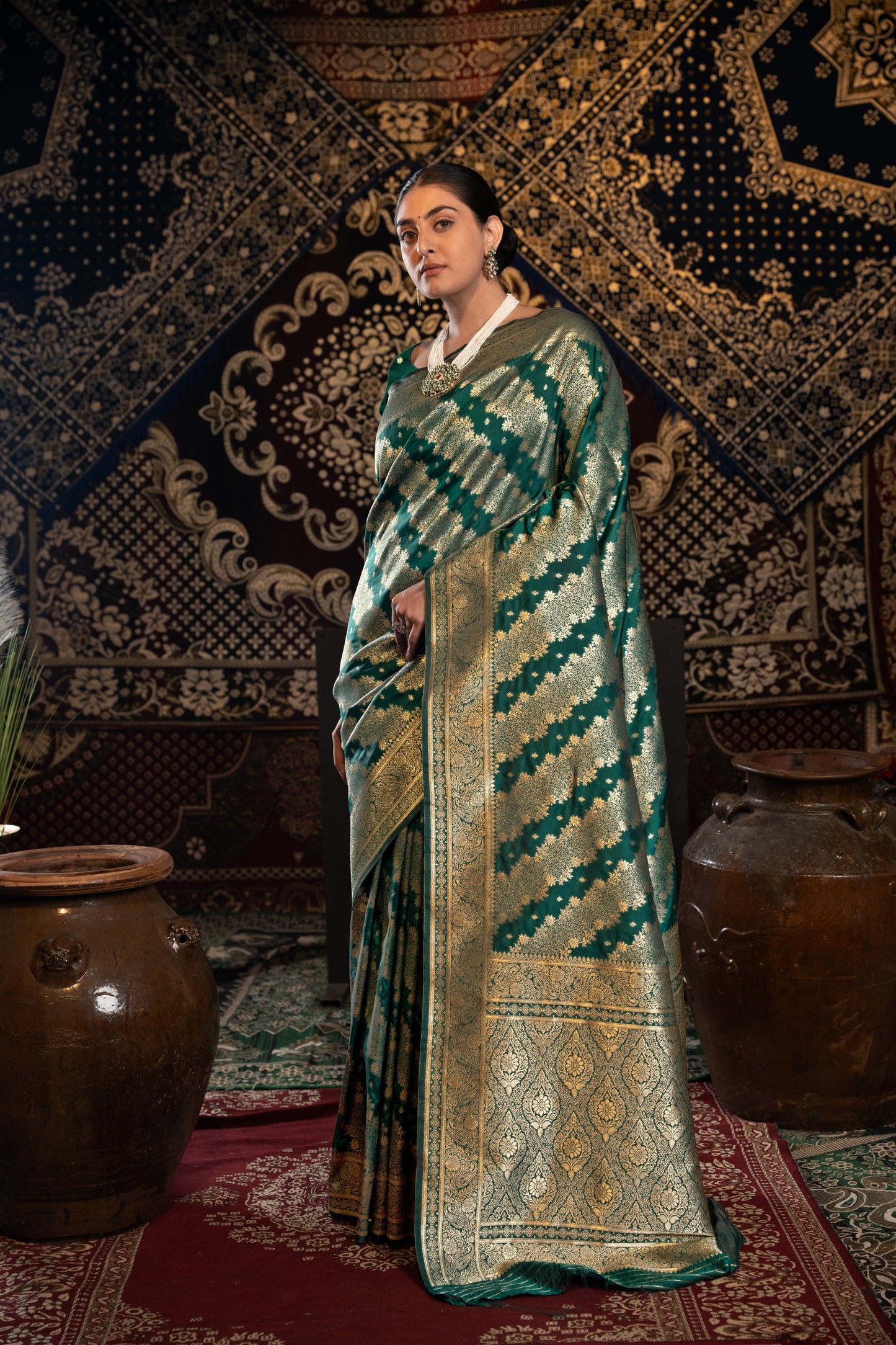 Kavya Silk Bottle Green Banarasi Silk Woven Saree