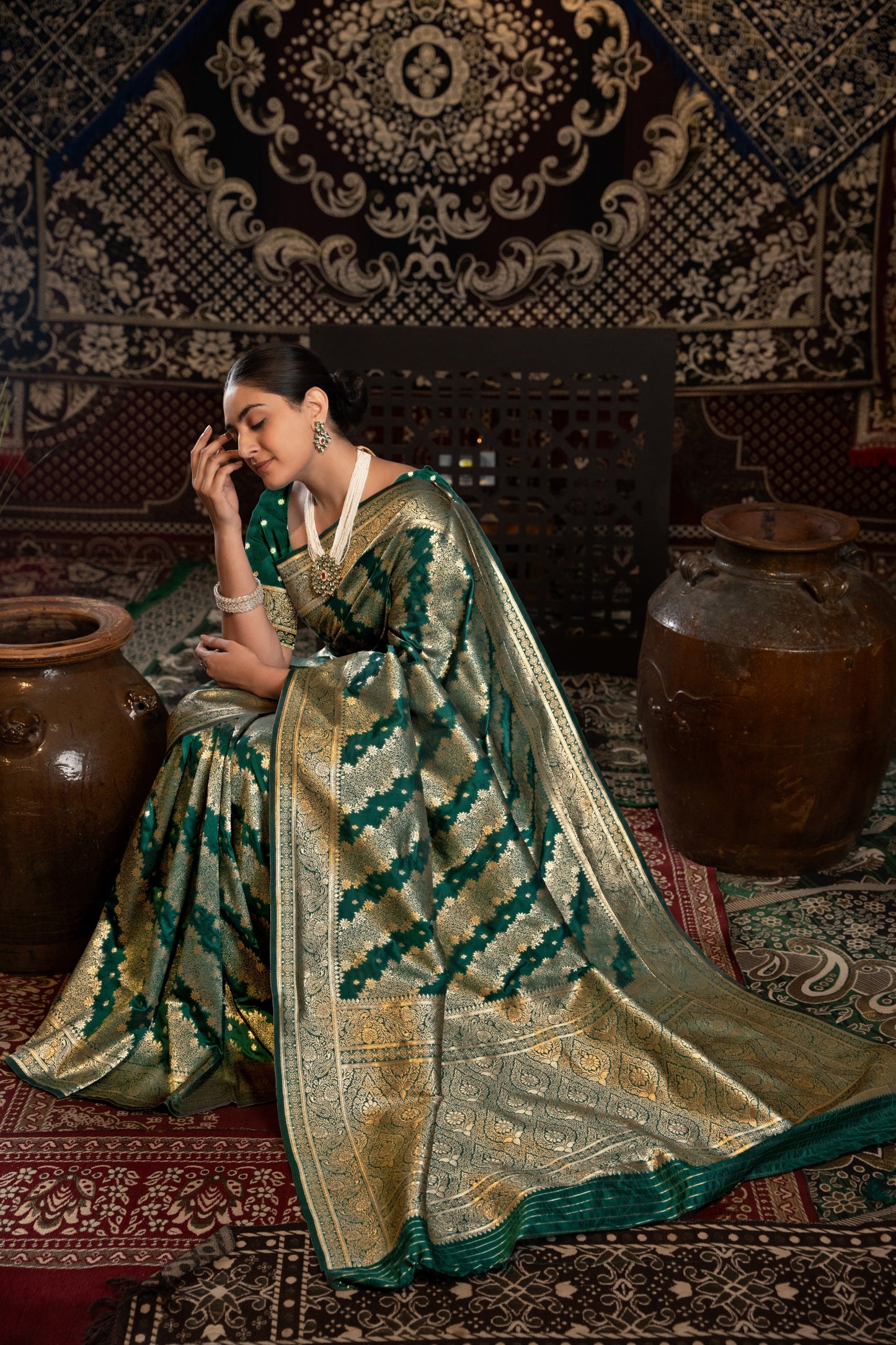 Kavya Silk Bottle Green Banarasi Silk Woven Saree