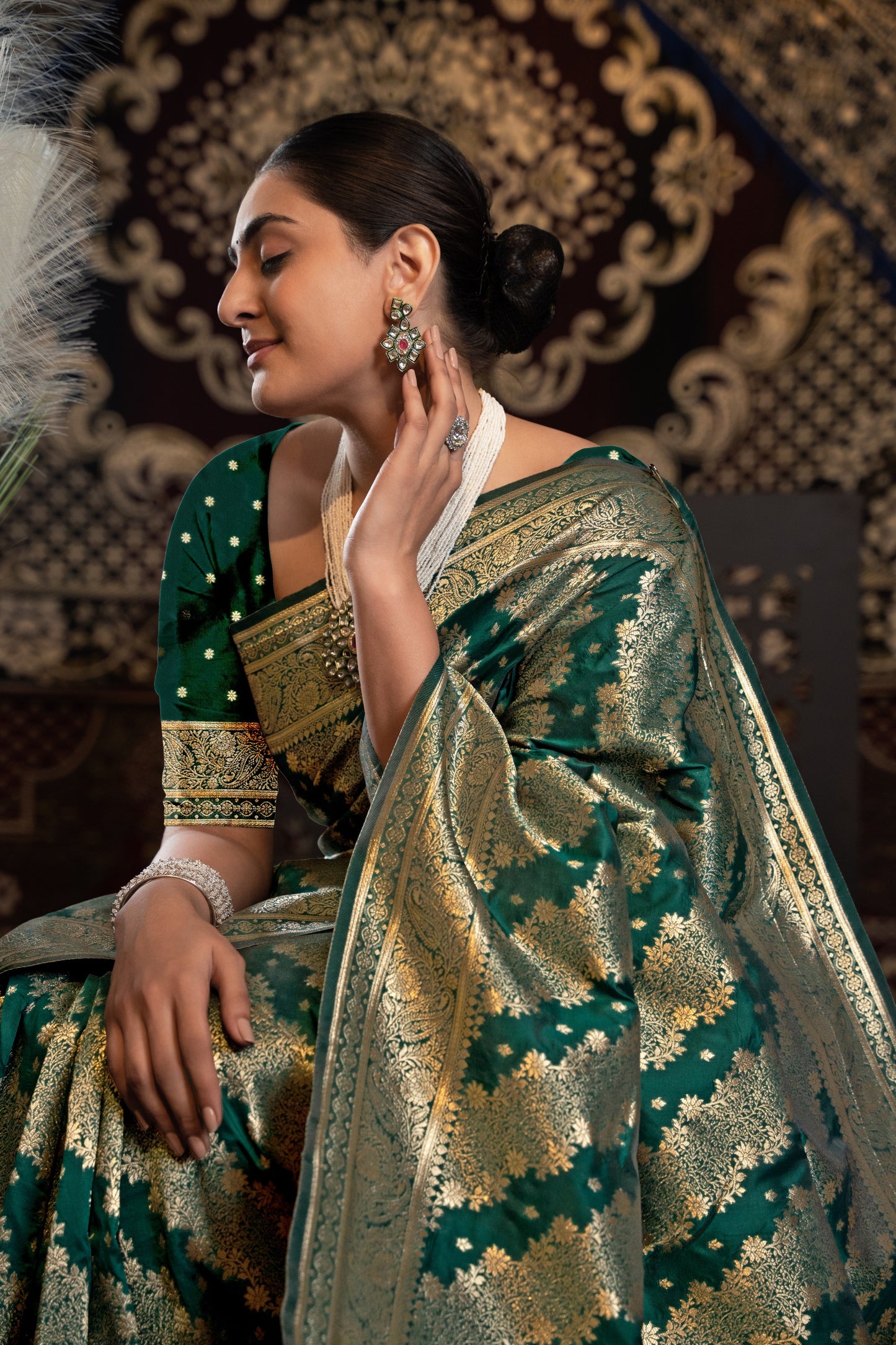 Kavya Silk Bottle Green Banarasi Silk Woven Saree