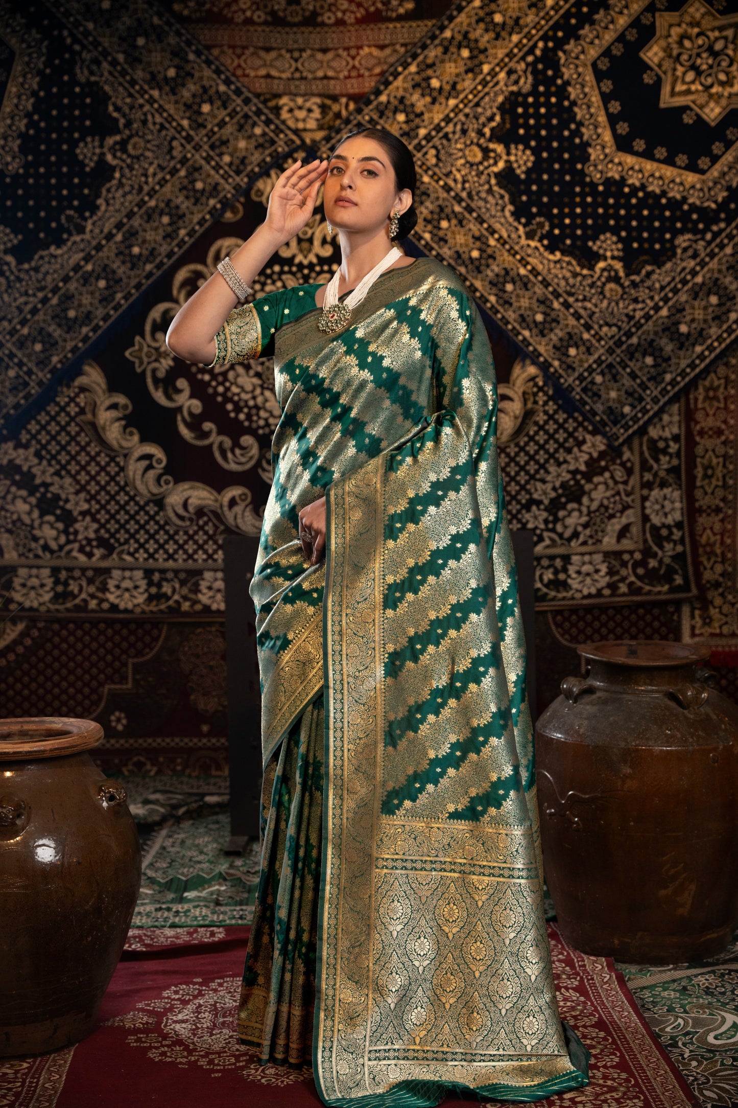 Kavya Silk Bottle Green Banarasi Silk Woven Saree