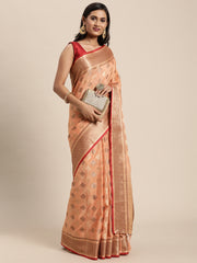 Kesar Peach Orange Zari Woven Design Banarasi Pure Cotton Saree