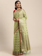 Kesar Sheen Green Zari Woven Design Banarasi Pure Cotton Saree