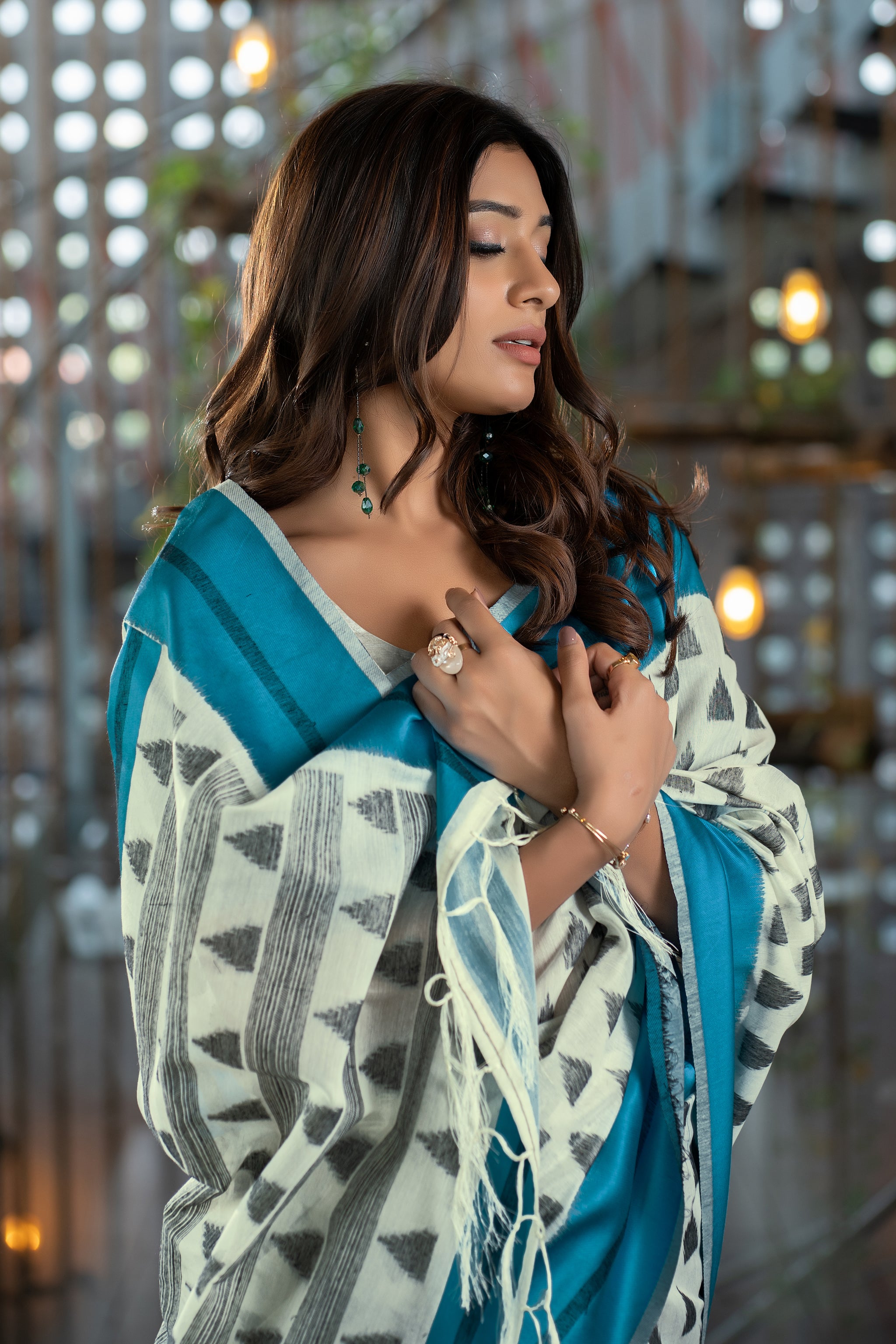 Kimaya Cyan Blue Soft Cotton Block Woven Design Saree