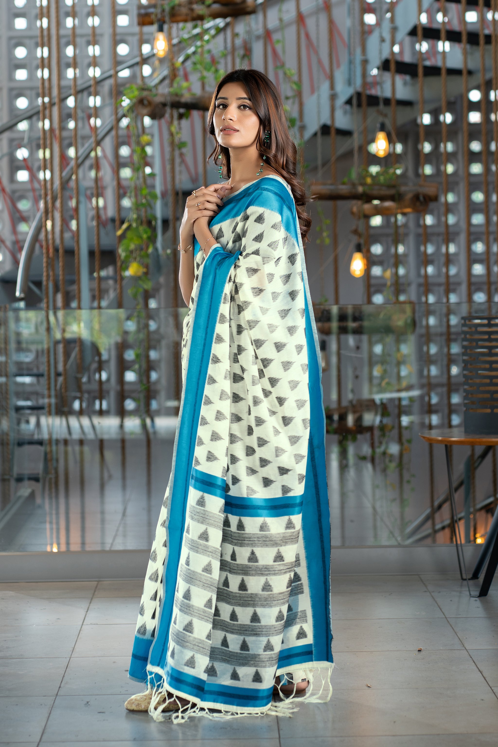 Kimaya Cyan Blue Soft Cotton Block Woven Design Saree