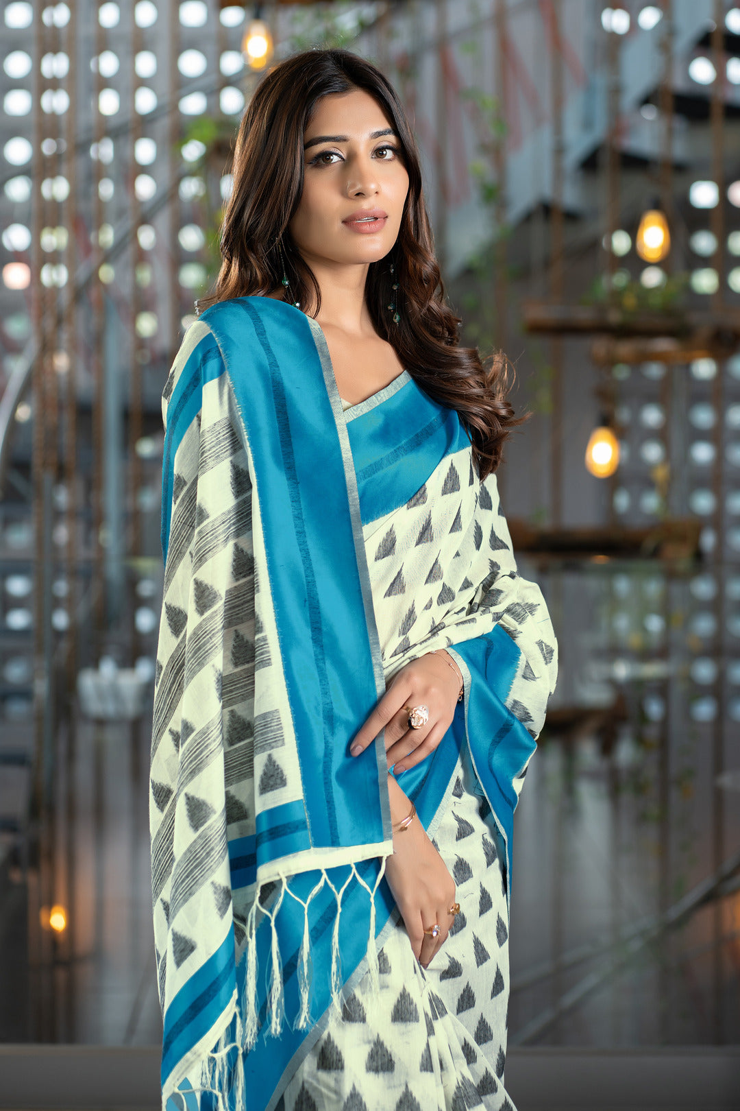 Kimaya Cyan Blue Soft Cotton Block Woven Design Saree