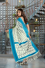 Kimaya Cyan Blue Soft Cotton Block Woven Design Saree