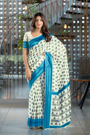 Kimaya Cyan Blue Soft Cotton Block Woven Design Saree