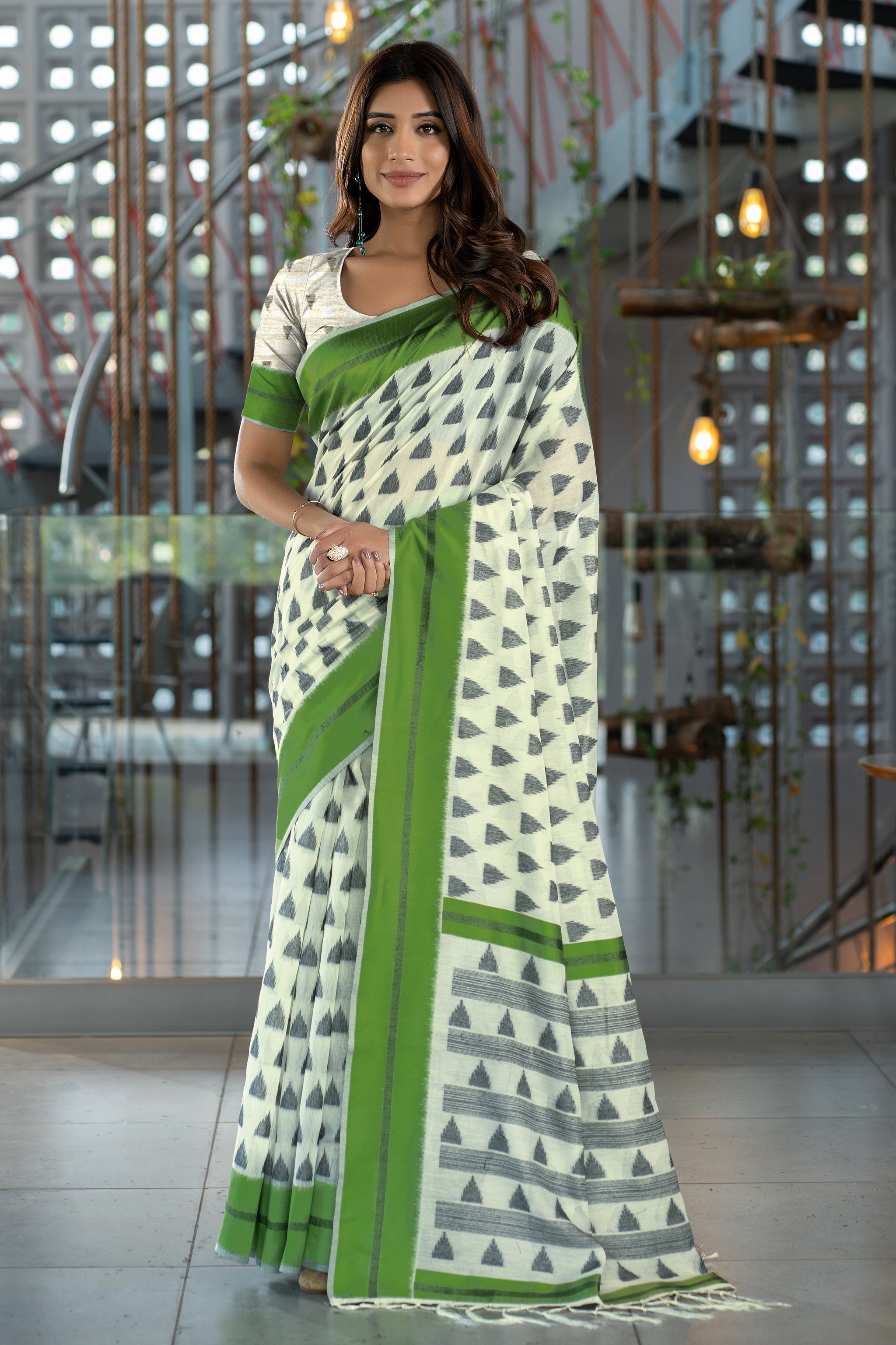 Kimaya Grass Green Soft Cotton Block Woven Design Saree