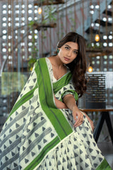 Kimaya Grass Green Soft Cotton Block Woven Design Saree