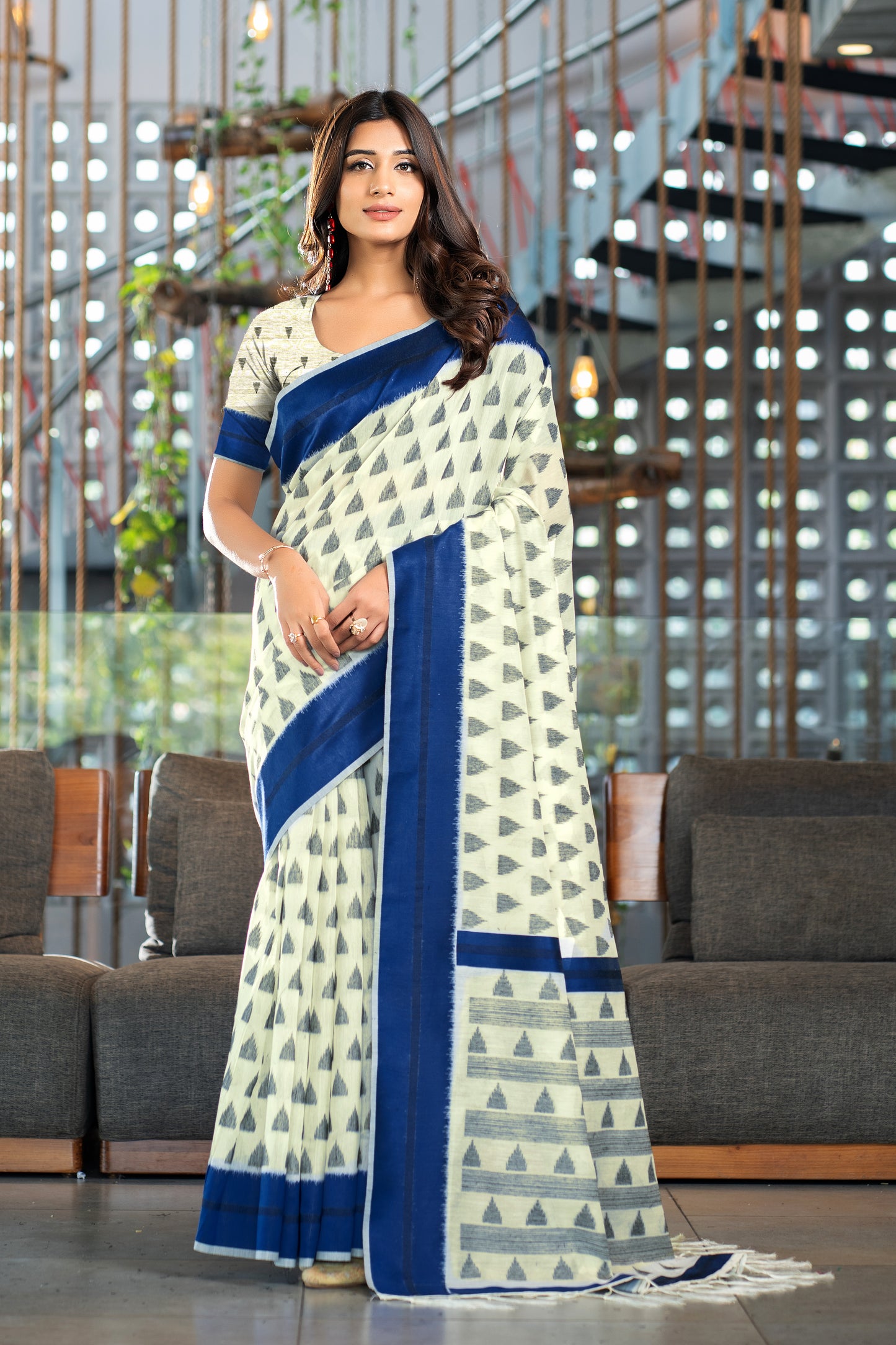 Kimaya Navy Soft Cotton Block Woven Design Saree