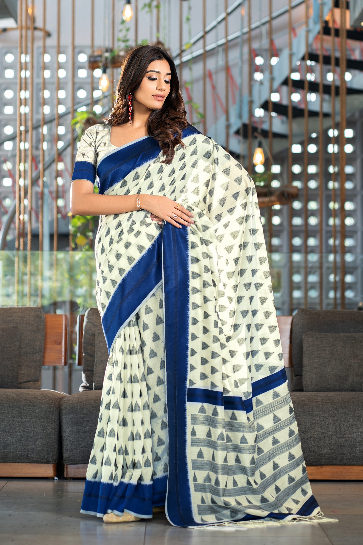 Kimaya Navy Soft Cotton Block Woven Design Saree