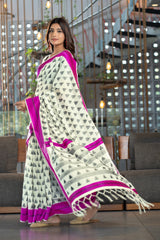 Kimaya Hot Pink Soft Cotton Block Woven Design Saree