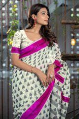 Kimaya Hot Pink Soft Cotton Block Woven Design Saree